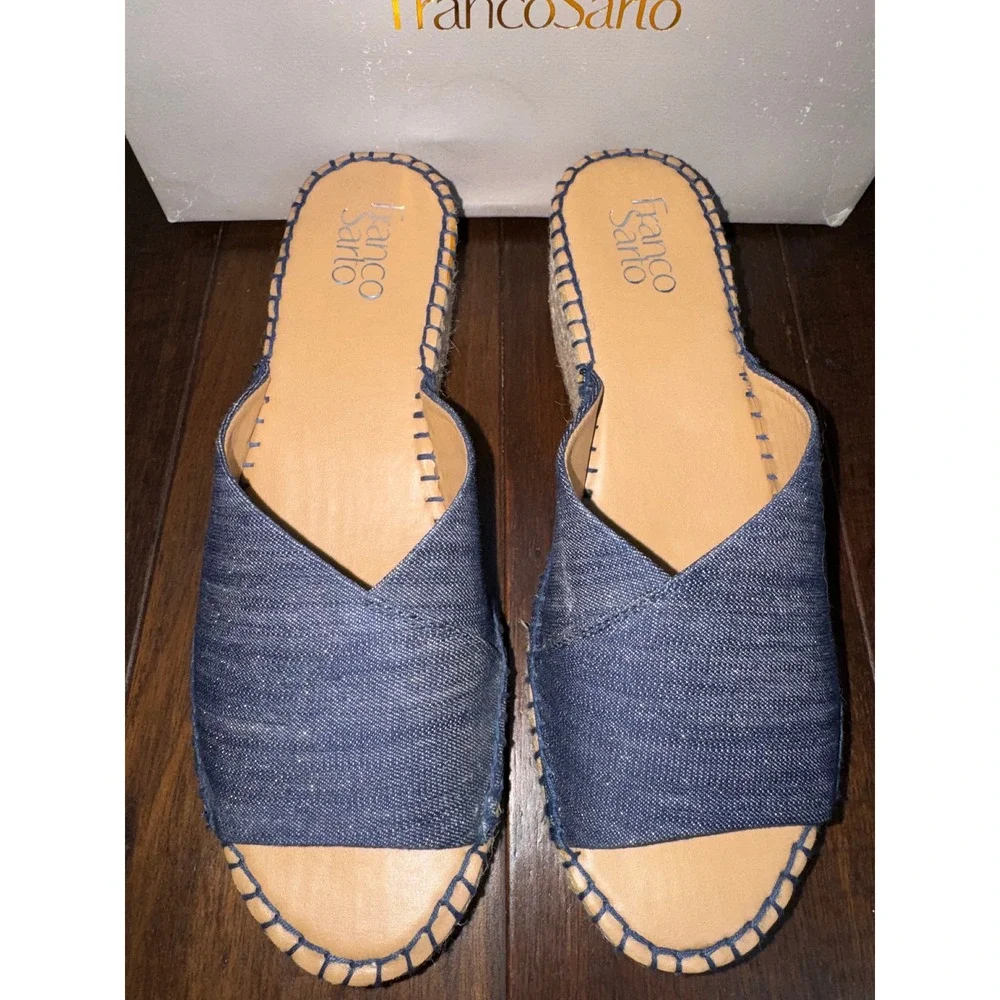 Franco Sarto Denim Espadrille Wedge Sandals Mule Blue Wide 8.5W Resortwear NWT